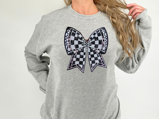 Checkered Bow Chenille Patch Sweater